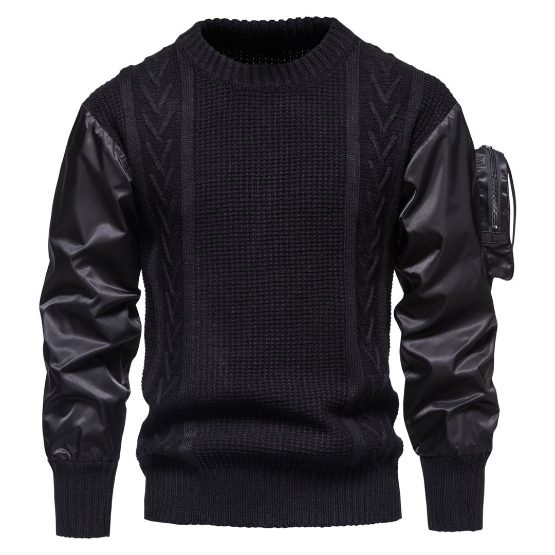 Herren Grobstrickpullover mit modernen Kunstlederärmeln Echoarchiv