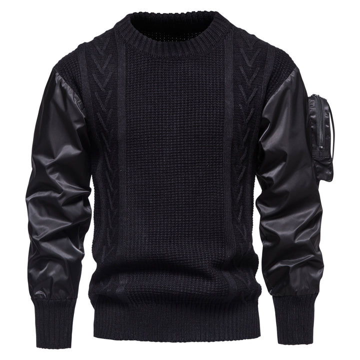 Herren Grobstrickpullover mit modernen Kunstlederärmeln Echoarchiv
