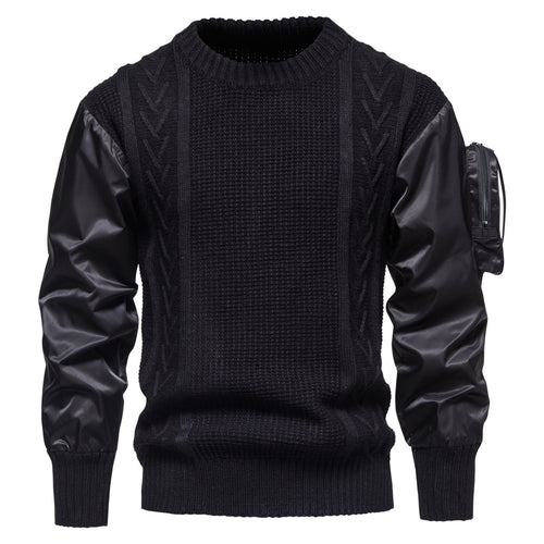 Herren Grobstrickpullover mit modernen Kunstlederärmeln Echoarchiv