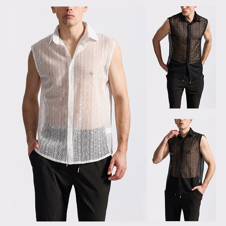 Herren ärmelloses Design-Hemd aus filigraner Spitzenstruktur Echoarchiv