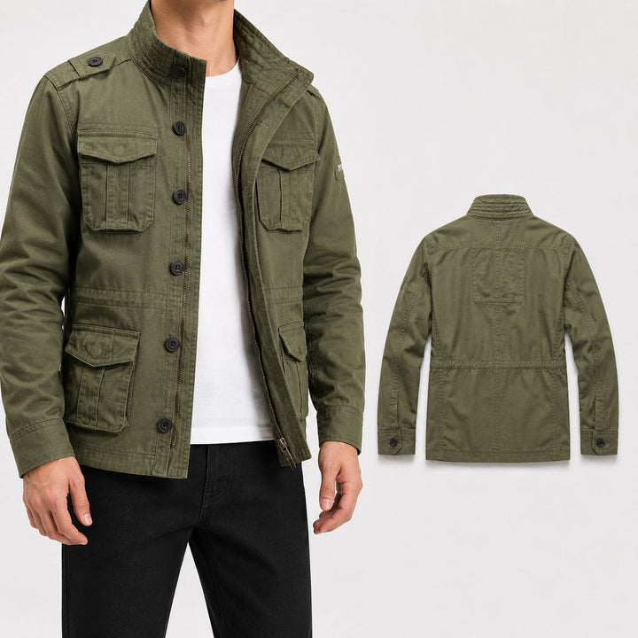 Herren Militärische Feldjacke aus Baumwoll-Mix mit Stehkragen und Multifunktionstaschen Echoarchiv