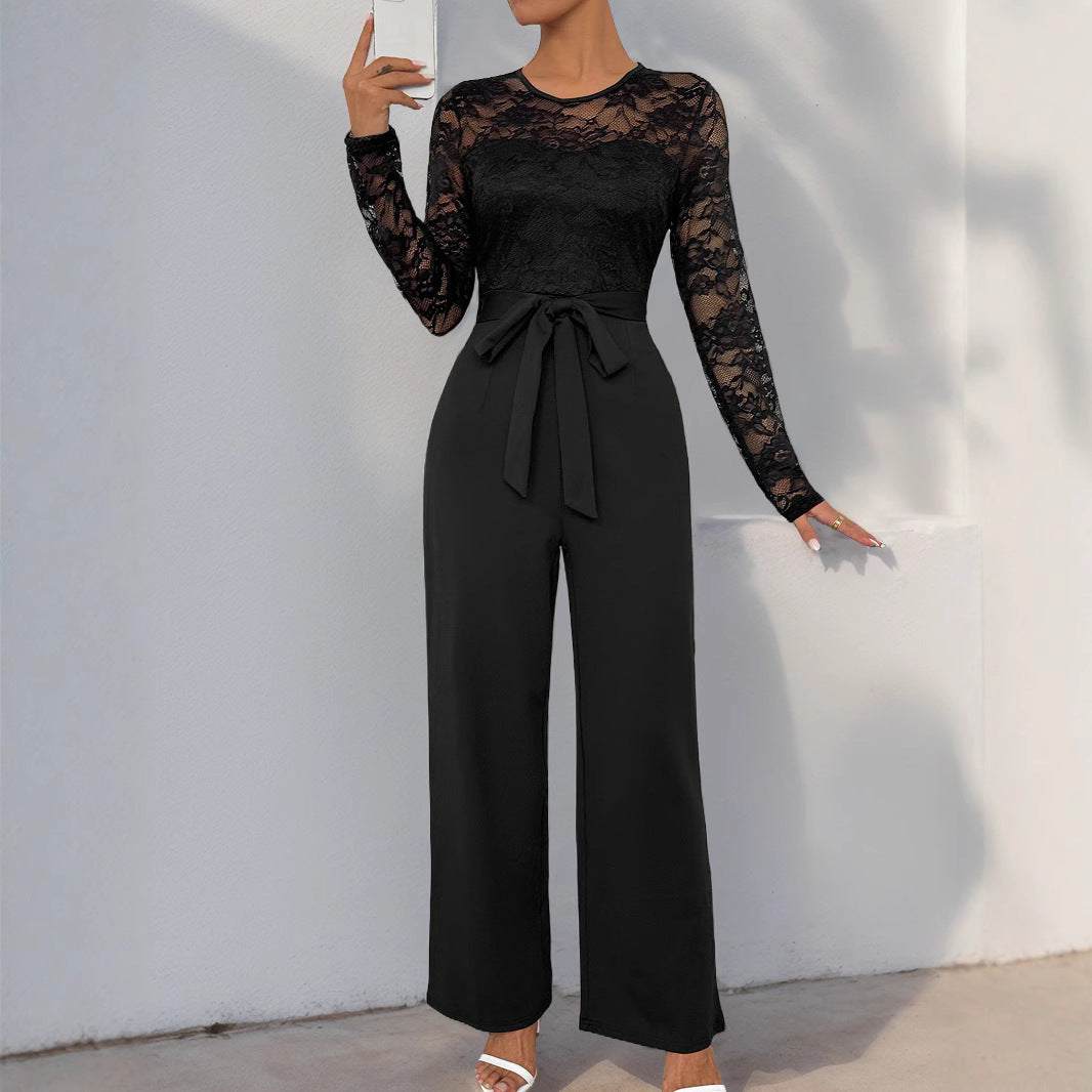 Damen Eleganter Jumpsuit mit transparentem Spitzentop, taillenbetonter Bindeschärpe & weitem Palazzo‑Bein Echoarchiv