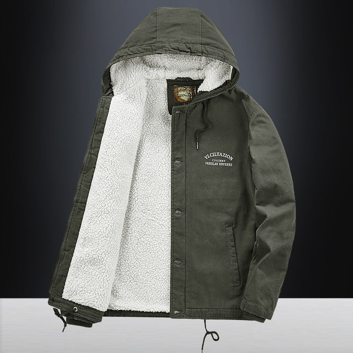 Herren Lässige Canvas-Kapuzenjacke mit durchgehendem Sherpa-Futter und doppelter Front – Taviero