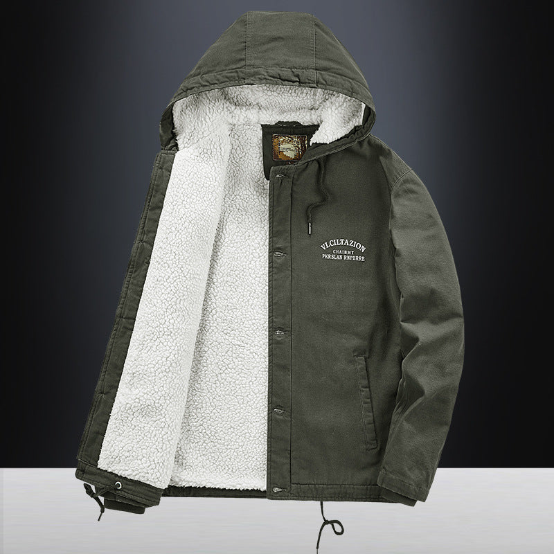 Herren Canvas-Kapuzenjacke mit durchgehendem Teddyfutter, Zwei-Wege-Reißverschluss und Kordzugsaum Echoarchiv