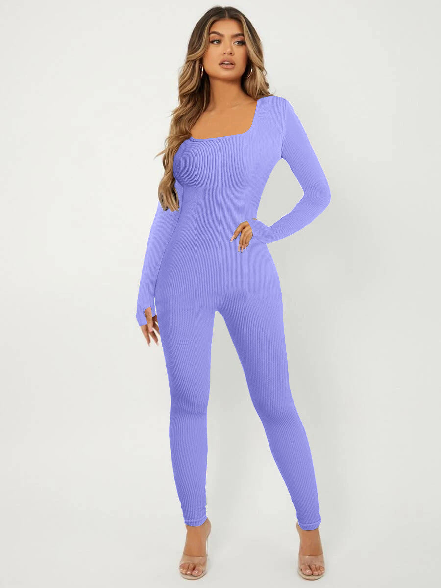 Damen Rippstrick Skinny Jumpsuit mit Quadratischem Ausschnitt, Langen Ärmeln und Daumenloch – Solévia