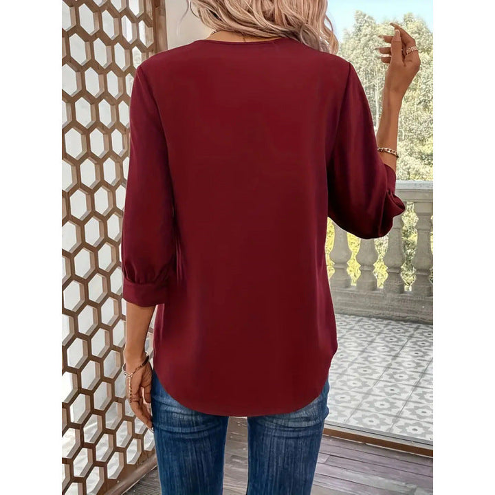 Damen Elegante Viskosebluse mit 3/4-Ärmeln und V-Ausschnitt – Élovi