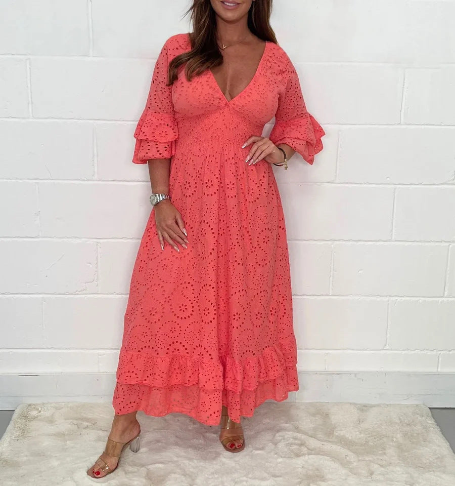 Damen Maxikleid mit floraler Lochstickerei und weiten Ärmeln Echo Archiv