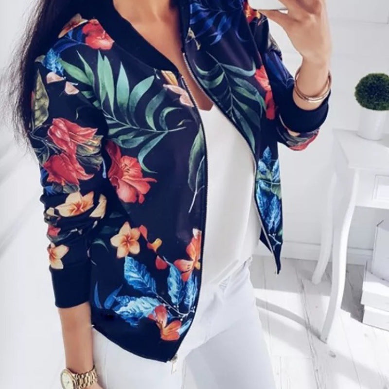 Damen Blousonjacke mit floralem Allover-Print, Reißverschluss und Rippbündchen – Célinea
