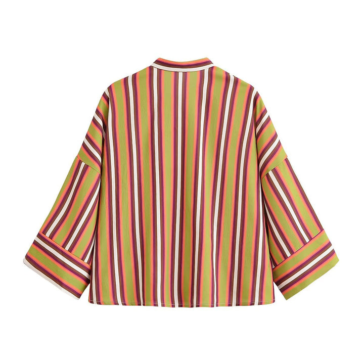 Damen Gestreifte Kimono‑Jacke mit kurzen Trompetenärmeln und dekorativen Knotenverschlüssen Echo Archiv