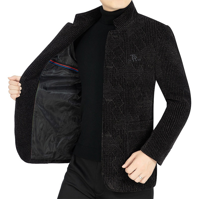 Herren Moderner Stehkragen-Blazer im Bouclé-Look mit feiner geometrischer Struktur – Tianoro