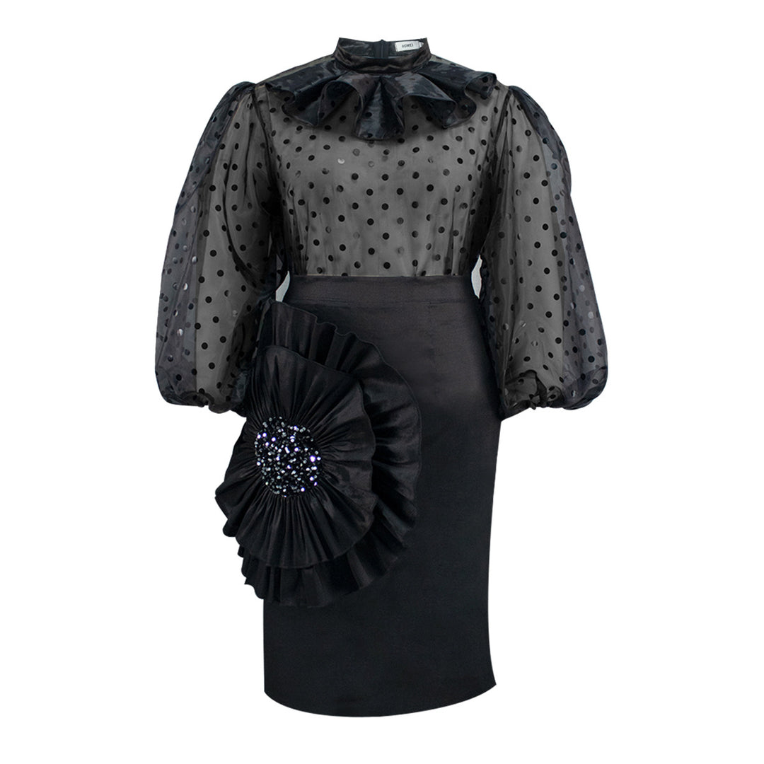 Damen Elegantes Kleid mit transparenten Puffärmeln und Rüschenakzent Echo Archiv