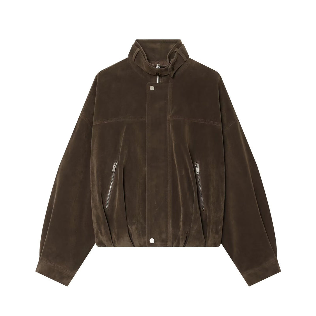 Damen Oversize-Wildleder‑Bomberjacke mit hohem Stehkragen und Reißverschlusstaschen Echo Archiv