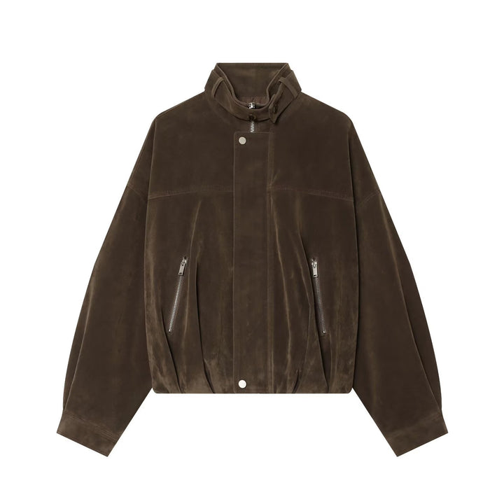 Damen Oversize-Wildleder‑Bomberjacke mit hohem Stehkragen und Reißverschlusstaschen Echo Archiv