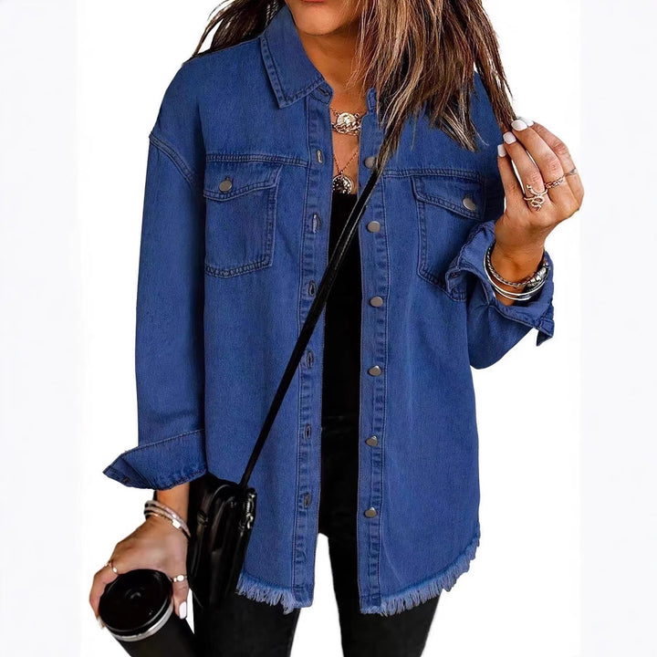 Damen Oversize Jeanshemdjacke mit Fransensaum Echoarchiv