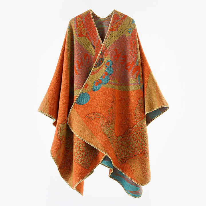 Damen Jacquard-Strick Cape mit Koi-Motiv und weitem Oversize-Fall Echo Archiv