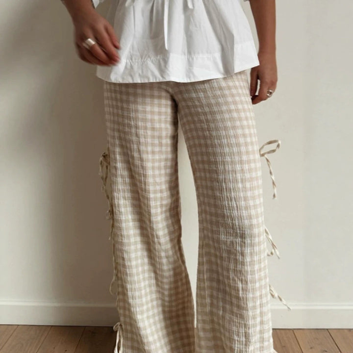 Damen High‑Waist Leinenoptik-Hose mit Gingham-Karo, weitem Bein & seitlichen Bändchen-Details Echoarchiv