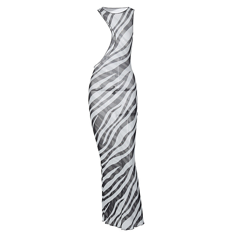 Damen Maxikleid mit asymmetrischem Schnitt und transparentem Zebra-Muster Echo Archiv