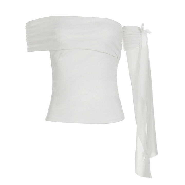 Damen Off-Shoulder Oberteil mit Rüschendetails und transparentem Ärmel Echo Archiv