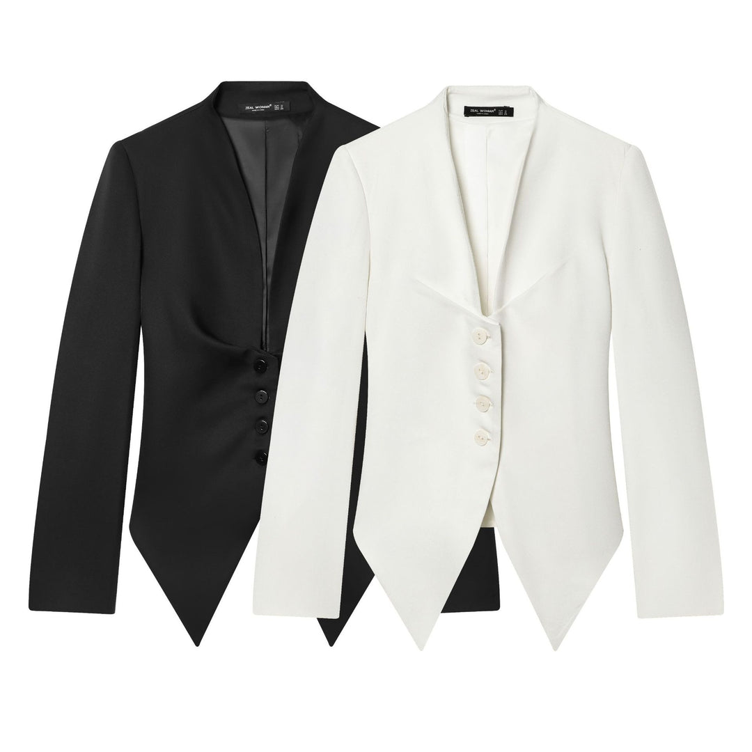 Damen taillierter Blazer mit Schalkragen, figurbetonter Knopfleiste und spitz zulaufendem Zipfelsaum – Valéne