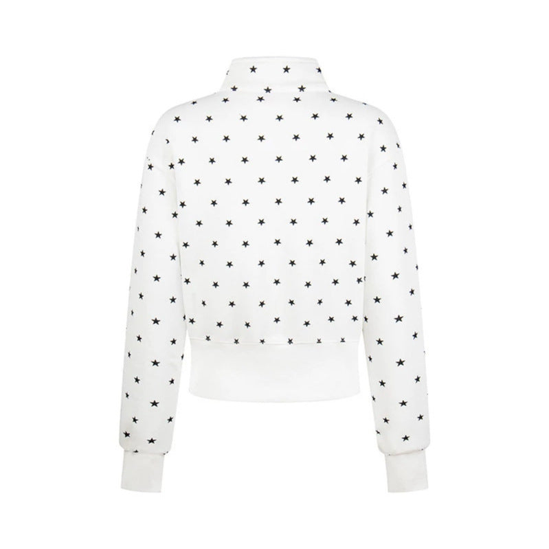 Damen Kurze Reißverschluss-Sweatjacke mit Stehkragen, Allover-Sternprint und Statement-Frontprint Echoarchiv