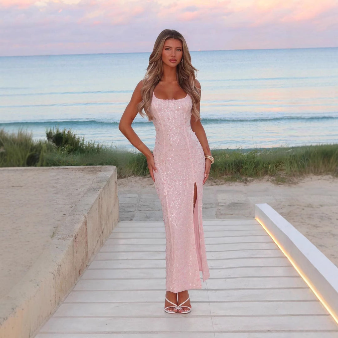 Damen Glamouröses Pailletten-Abendkleid mit seitlichem Schlitz und figurbetontem Schnitt Echo Archiv