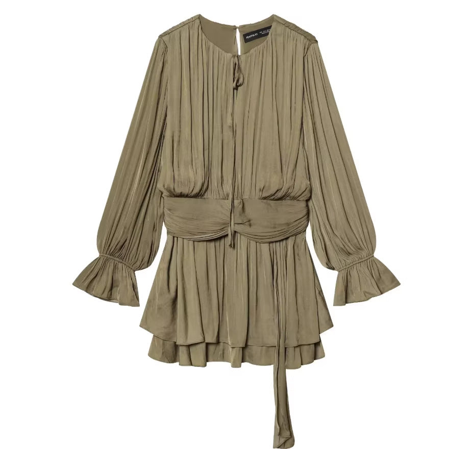 Damen Plissiertes Bindeblouson-Minikleid mit tailliertem Wickelgürtel und Glockenärmeln Echo Archiv