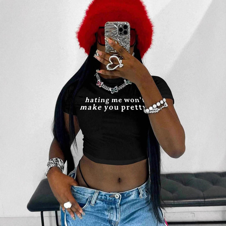 Damen Kurzarm Crop-T-Shirt mit witzigem Schriftzug Echo Archiv