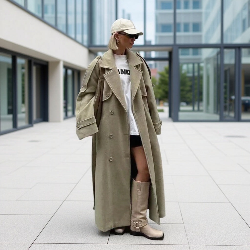 Damen Oversize-Langmantel im Trenchcoat‑Stil mit doppelreihiger Knopfleiste und Schulterklappen Echo Archiv