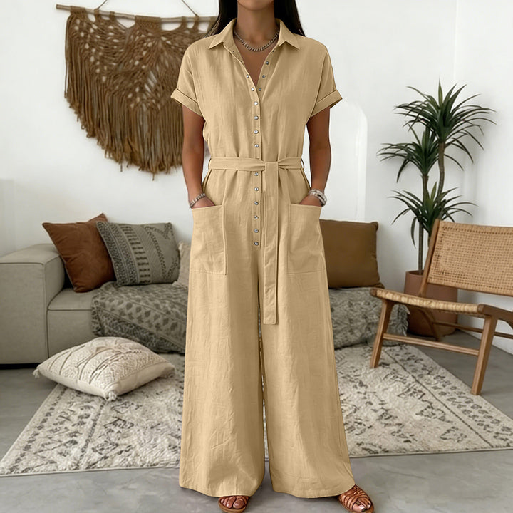 Damen Hemdblusen-Jumpsuit mit weitem Bein, Aufgesetzten Taschen und Bindegürtel – Élovi