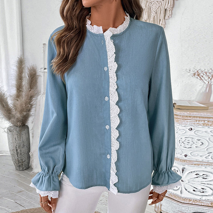 Damen Elegante Bluse mit Spitzenkragen und Rüschendetails Echo Archiv