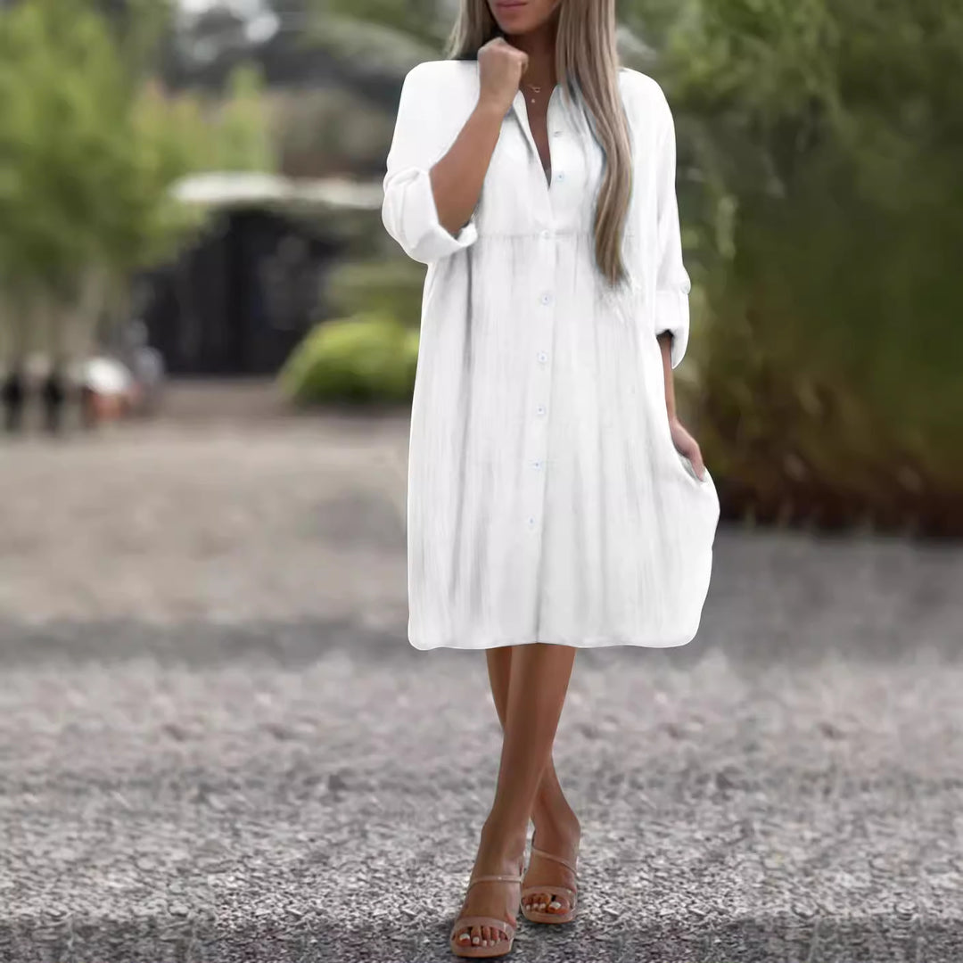 Damen Lockeres Hemdkleid mit Knopfleiste, 3/4-Ärmeln und Seitentaschen – Lunéa