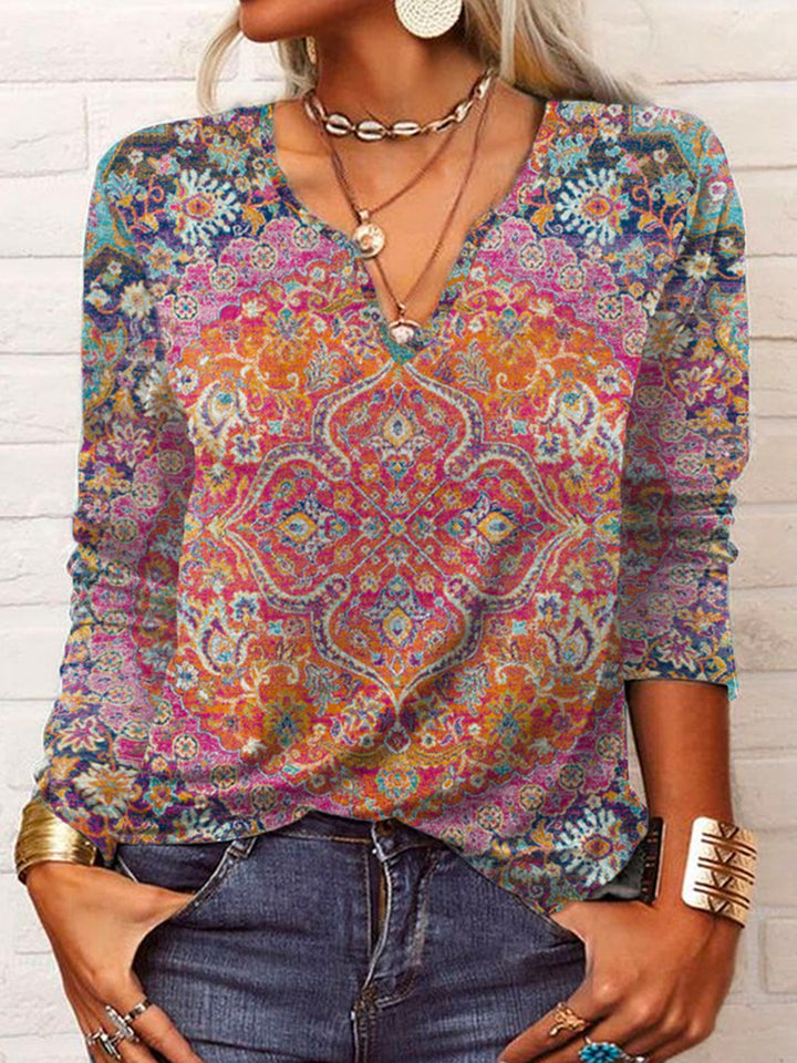 Damen Boho-Print V-Ausschnitt Tunika-Shirt – Avérine