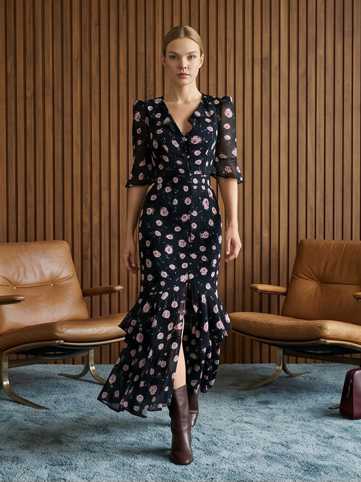 Damen Tailliertes Chiffon-Midikleid mit V-Ausschnitt, dreiviertel Ärmeln und Stufenvolant Echoarchiv