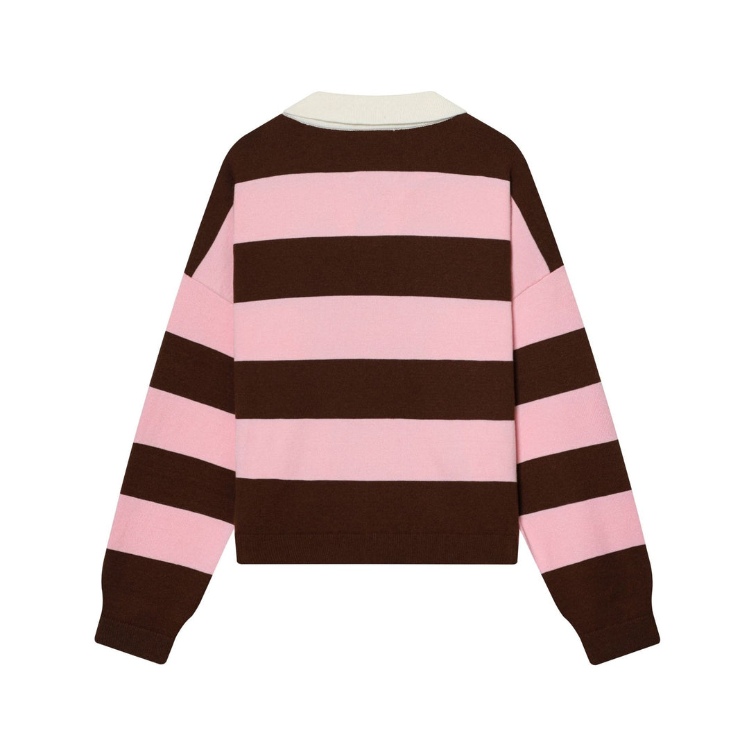 Damen nan gestreifter Rugby-Pullover mit Polokragen und tiefem V-Schlitz Echo Archiv