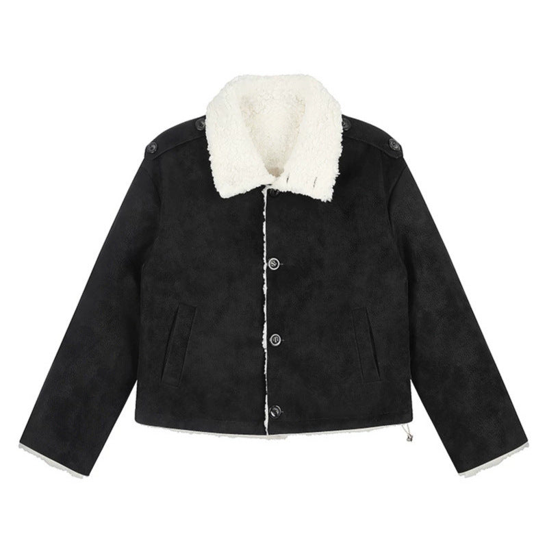 Damen Kurzgeschnittene Lammfell‑Optik Fliegerjacke mit Teddyfutter und Reverskragen Echoarchiv