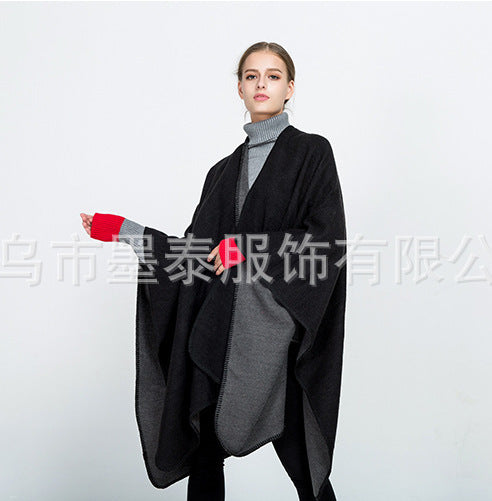 Damen Weichfallender Wende-Poncho‑Ruana aus Wollmix mit V‑Ausschnitt und Zierstich – Célinea