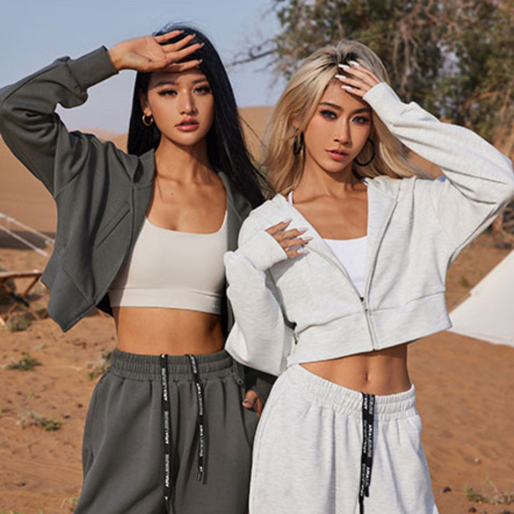 Damen Zweiteiliges Cropped Reißverschluss-Hoodie mit elastischer High-Waist Jogginghose – Auréline