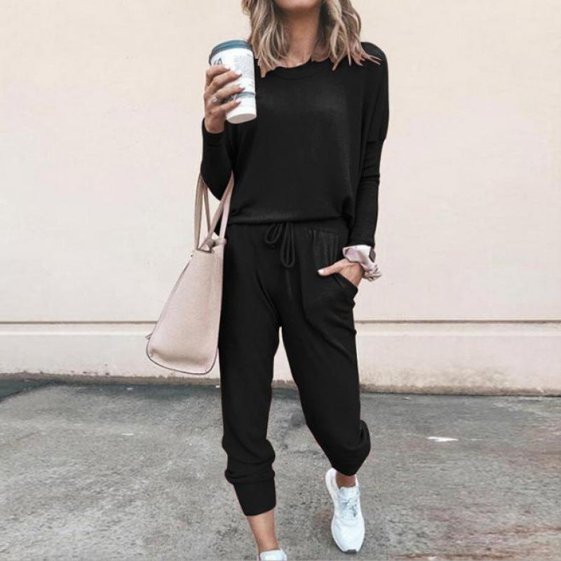 Damen Lässiges Lounge-Set mit Rundhalsausschnitt, Kordelzug-Hose und Bündchen – Élanora