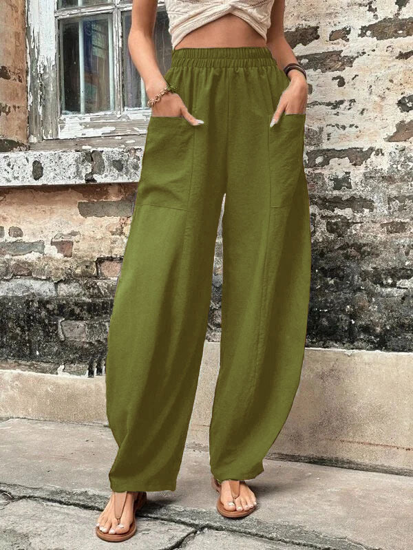 Damen Weite Leinenhose mit elastischem Bund, aufgesetzten Taschen und lässigem Harem-Schnitt Echoarchiv