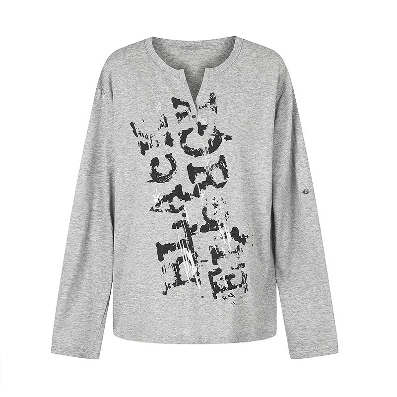 Damen Langarmshirt mit Notch-Ausschnitt und Vintage-Print Echoarchiv