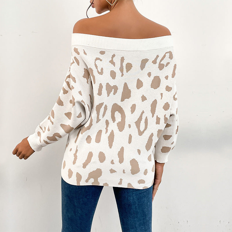 Damen Carmenpullover im Leoparden-Jacquard Oversize mit weitem Ausschnitt Echoarchiv