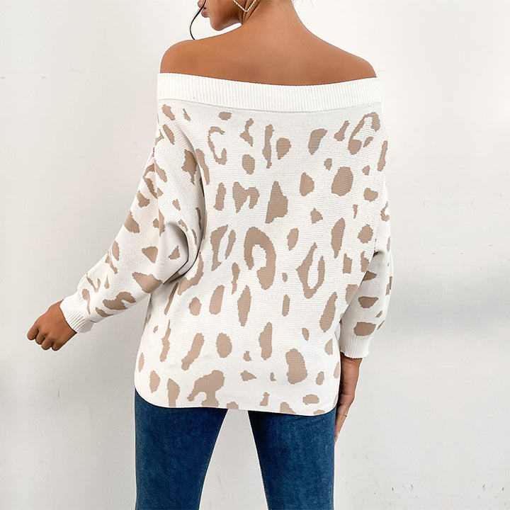 Damen Carmenpullover im Leoparden-Jacquard Oversize mit weitem Ausschnitt Echoarchiv