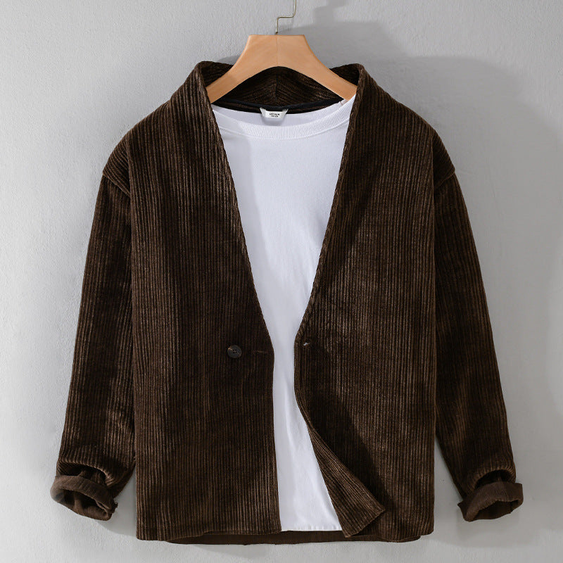 Herren Cord-Overshirt-Sakko mit V-Ausschnitt und Ein-Knopfverschluss Echoarchiv