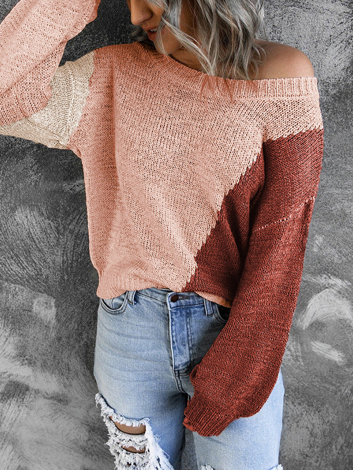 Damen Oversize Strickpullover mit Carmenausschnitt und Colorblock-Design Echoarchiv