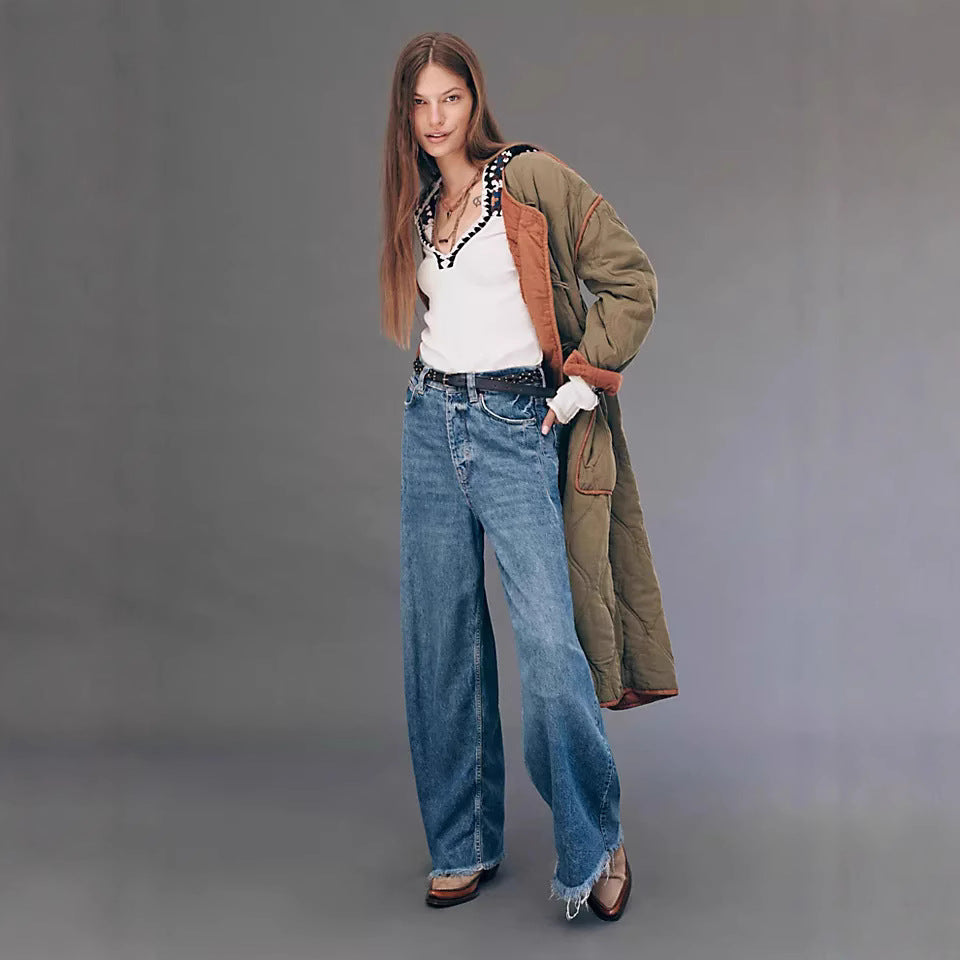 Damen nan extraweite High‑Waist Palazzo-Jeans aus Denim mit rohem Saum und Vintage-Waschung Echo Archiv