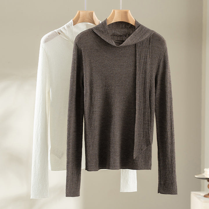 Damen Feiner Feinstrickpullover mit Schalkragen und asymmetrischem Schlaufendetail Echoarchiv