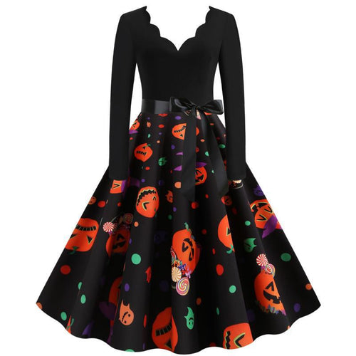 Damen Retro-Festliches Halloween-Kleid mit gewelltem Ausschnitt, taillierter Schnitt und weichem Tellerrock – Élara