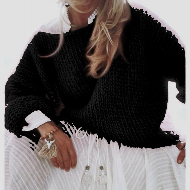 Damen Kurzgeschnitteter flauschiger Grobstrickpullover mit überschnittener Schulter – Mavelle