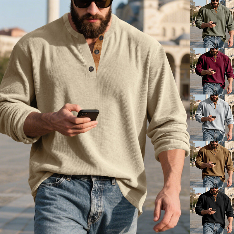 Herren nan langärmeliges Henleyshirt aus strukturierter Baumwollmischung mit Zierknopfleiste Echo Archiv