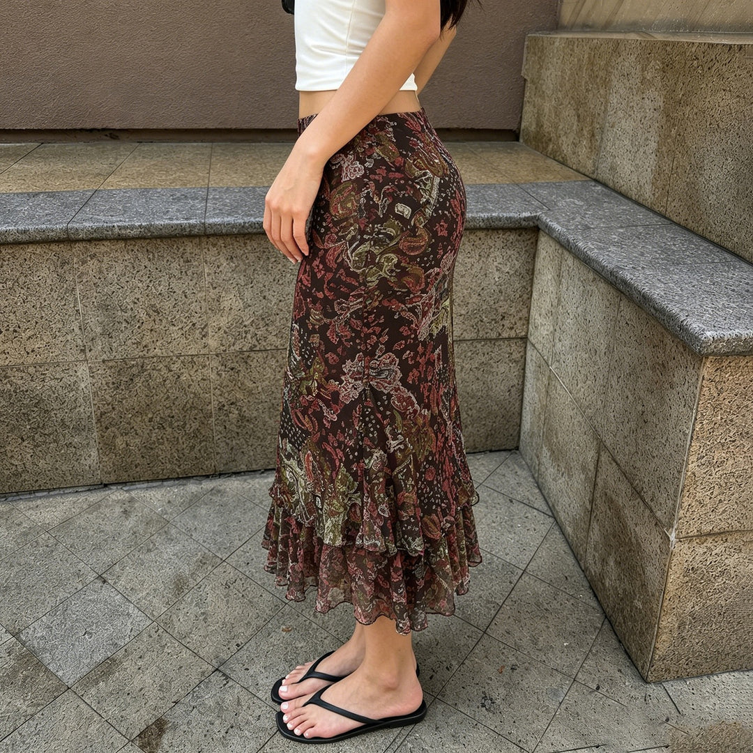 Damen Chiffon-Midirock mit mehrlagigem Volant, Paisley-Print und Zipfelsaum – Rosévia